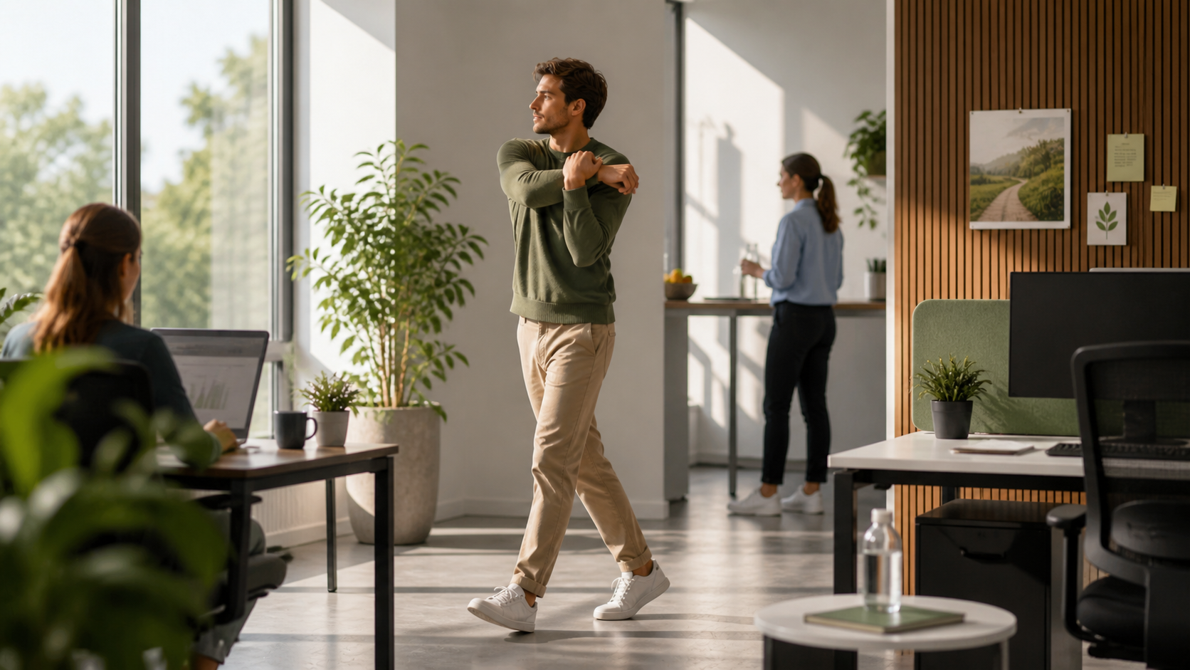Actief op het werk Medewerker strekt armen op kantoor voor meer beweging werkdag en betere focus