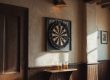 Dartbord in een donkere houten lijst aan de gepleisterde muur van een gezellige pub, met twee glazen bier op de plank eronder
