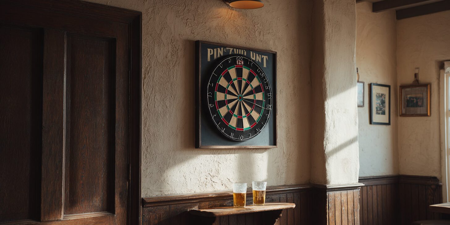 Dartbord in een donkere houten lijst aan de gepleisterde muur van een gezellige pub, met twee glazen bier op de plank eronder