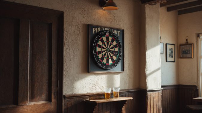 Dartbord in pub Dartbord in een donkere houten lijst aan de gepleisterde muur van een gezellige pub, met twee glazen bier op de plank eronder