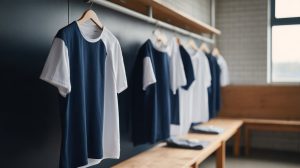 Marineblauw-witte teamshirts hangen aan kapstokken in een kleedkamer, met een houten bank en een raam op de achtergrond